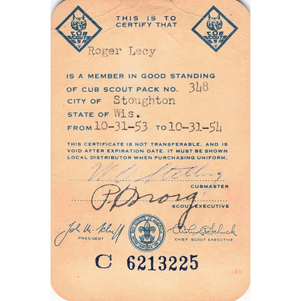 Vtg 1953-54 Boy Scouts Cub Scout Registration Certificate Stoughton WI BSA - Picture 2 of 2